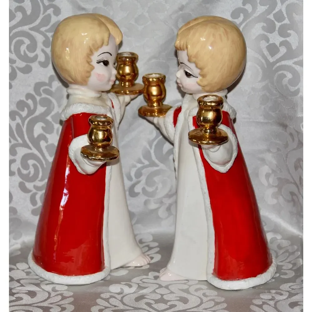 HOLT-HOWARD Christmas Holiday Ceramic Choir Girls Hand Painted Candle Holders